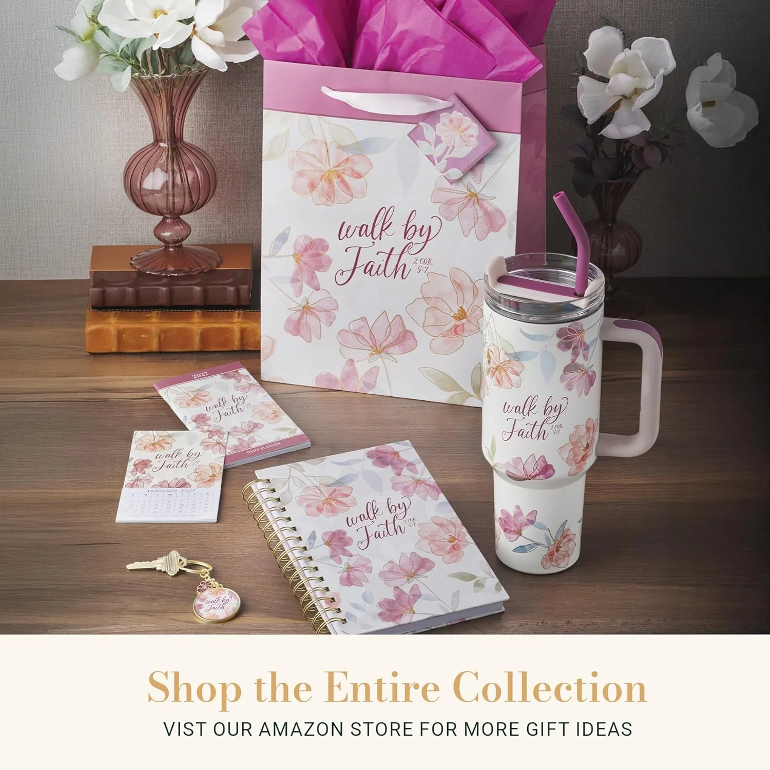 Christian Art Gifts Large Stainless Steel Insulated Travel Mug Tumbler for Women: Walk by Faith Inspirational Scripture, Sturdy Handle, Reusable Straw, Flip Lid, White & Purple Floral, 18 oz. - Image 7