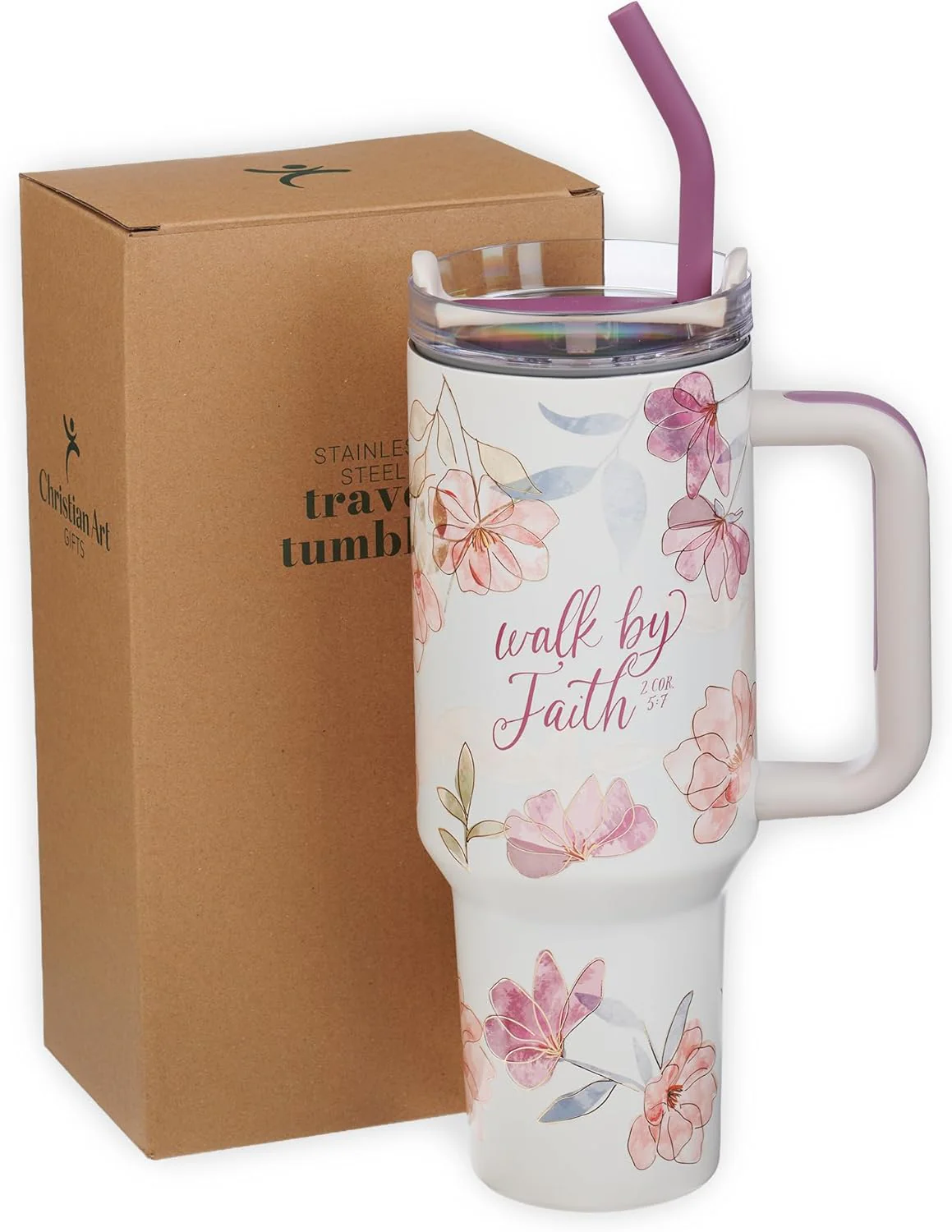 Christian Art Gifts Large Stainless Steel Insulated Travel Mug Tumbler for Women: Walk by Faith Inspirational Scripture, Sturdy Handle, Reusable Straw, Flip Lid, White & Purple Floral, 18 oz. - Image 8