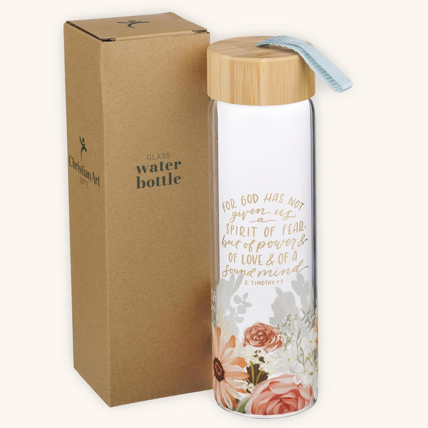 Christian Art Gifts Premium Decorative Inspirational Scripture Glass Water Bottle for Women: Power & Love Encouraging Bible Verse, Bamboo Lid, Carry Loop, White & Pink Multicolor Floral, 22 oz. - Image 3