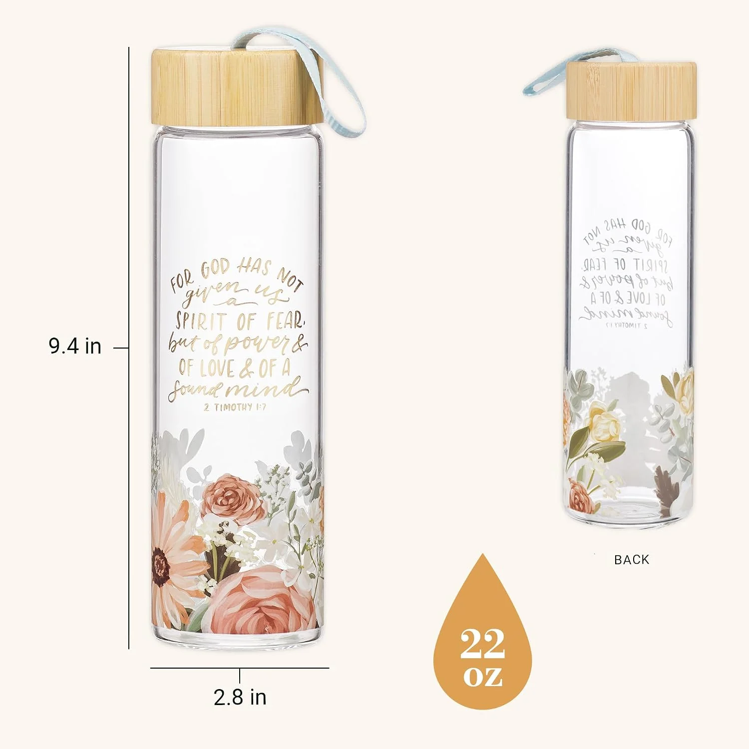 Christian Art Gifts Premium Decorative Inspirational Scripture Glass Water Bottle for Women: Power & Love Encouraging Bible Verse, Bamboo Lid, Carry Loop, White & Pink Multicolor Floral, 22 oz. - Image 4