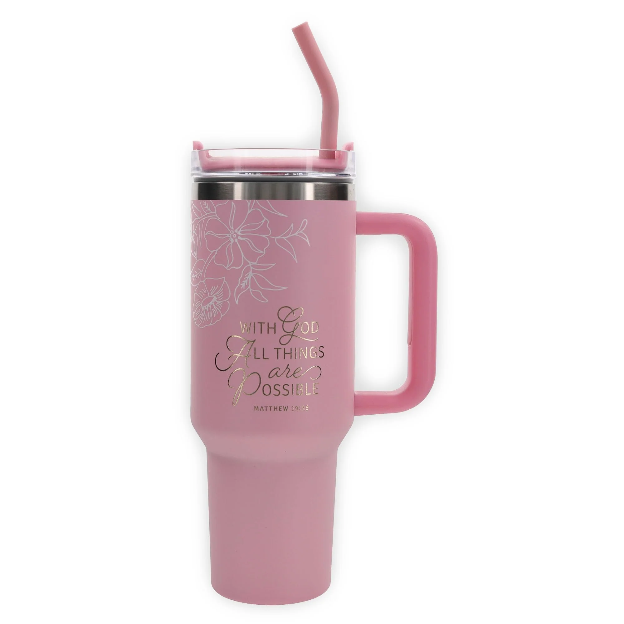 Christian Art Gifts Large Stainless Steel Insulated Travel Mug Tumbler for Women: All Things are Possible Inspirational Scripture, Sturdy Handle, Reusable Straw, Flip Lid, Pink & White Floral, 18 oz.