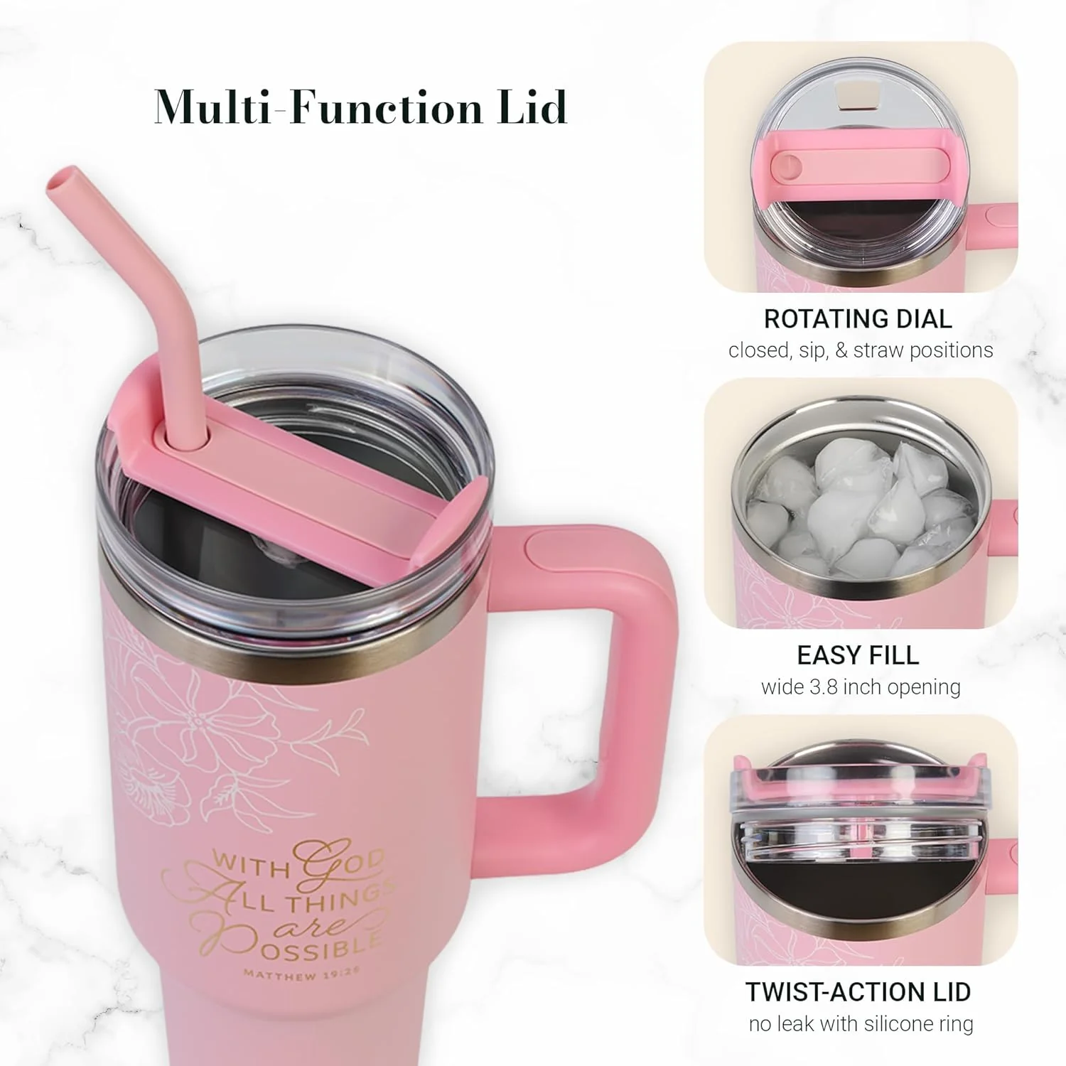 Christian Art Gifts Large Stainless Steel Insulated Travel Mug Tumbler for Women: All Things are Possible Inspirational Scripture, Sturdy Handle, Reusable Straw, Flip Lid, Pink & White Floral, 18 oz. - Image 3