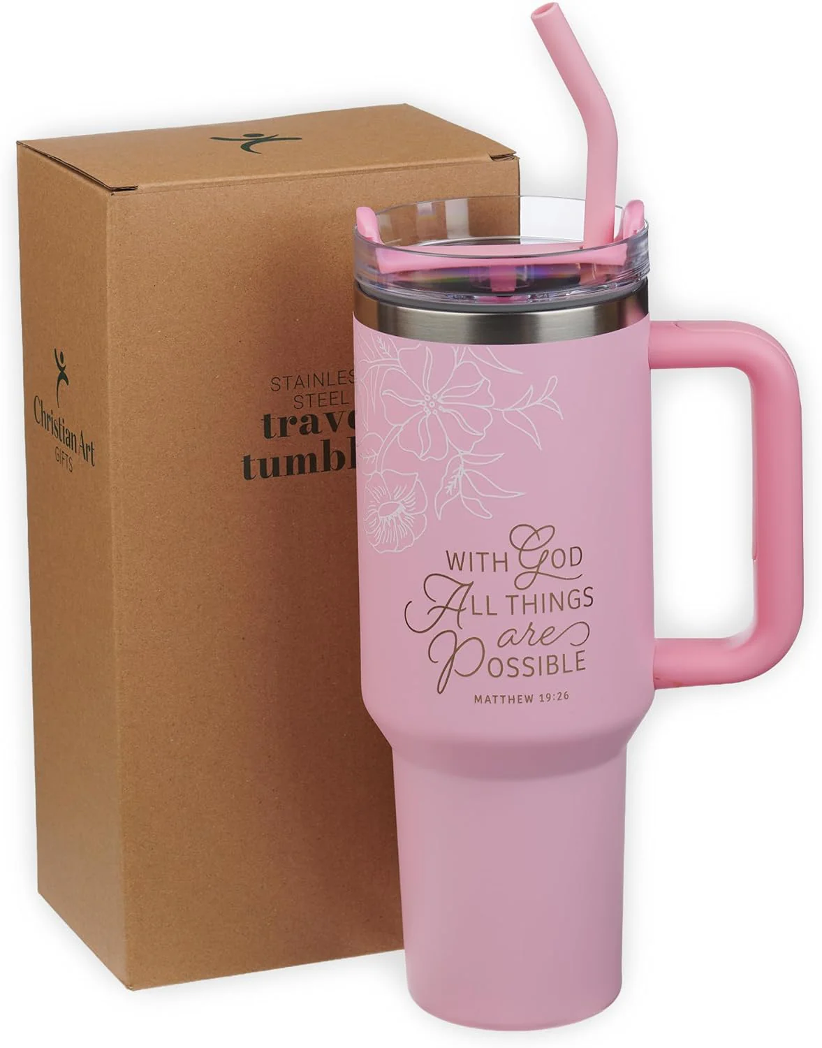 Christian Art Gifts Large Stainless Steel Insulated Travel Mug Tumbler for Women: All Things are Possible Inspirational Scripture, Sturdy Handle, Reusable Straw, Flip Lid, Pink & White Floral, 18 oz. - Image 5