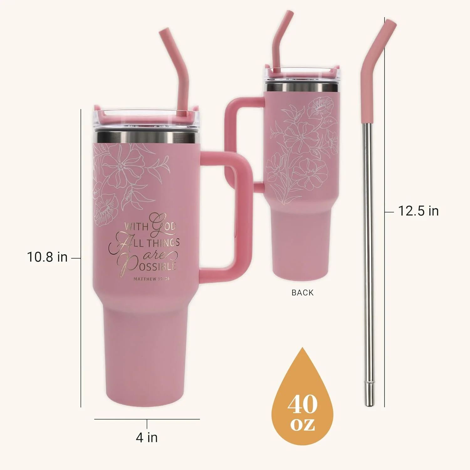 Christian Art Gifts Large Stainless Steel Insulated Travel Mug Tumbler for Women: All Things are Possible Inspirational Scripture, Sturdy Handle, Reusable Straw, Flip Lid, Pink & White Floral, 18 oz. - Image 6