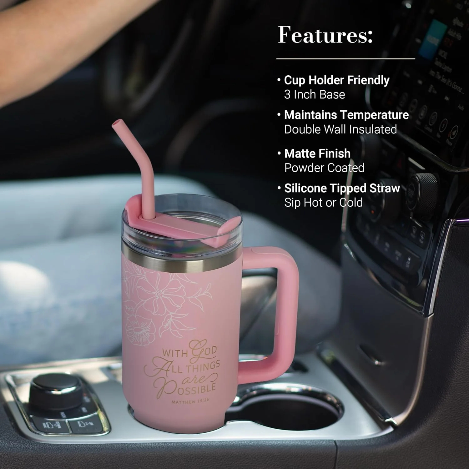 Christian Art Gifts Large Stainless Steel Insulated Travel Mug Tumbler for Women: All Things are Possible Inspirational Scripture, Sturdy Handle, Reusable Straw, Flip Lid, Pink & White Floral, 18 oz. - Image 7