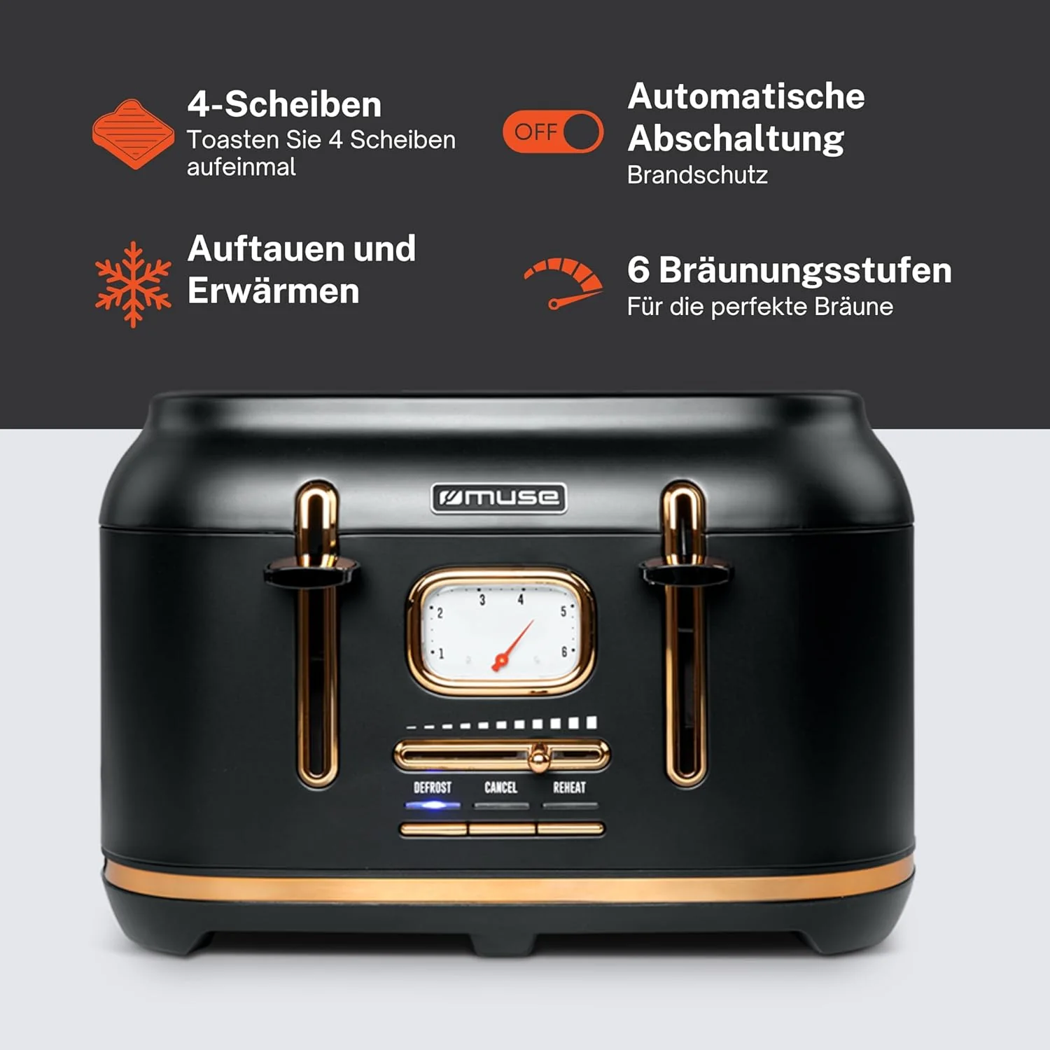 Muse: Toaster 4 Toasts 1 800 W Black/Brass - Image 4