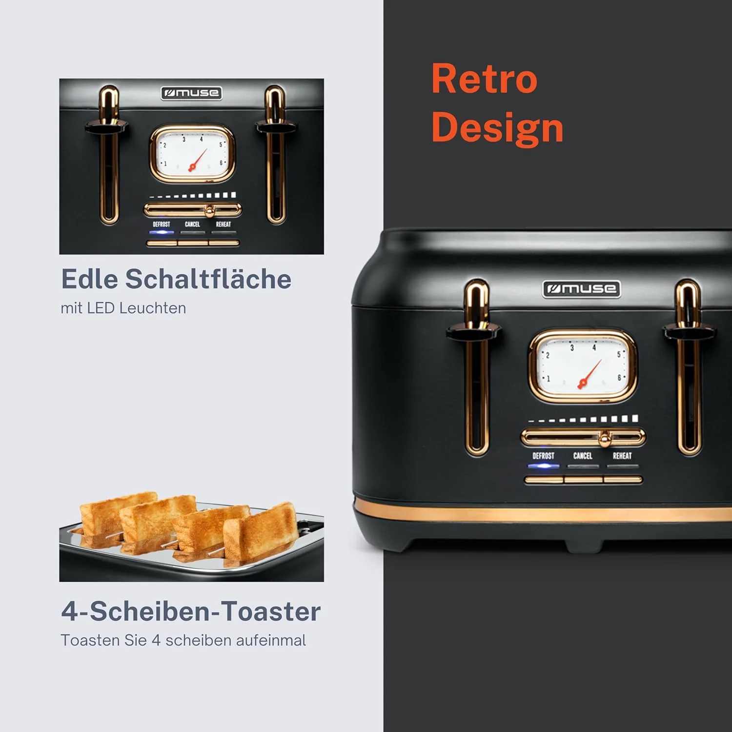Muse: Toaster 4 Toasts 1 800 W Black/Brass - Image 7