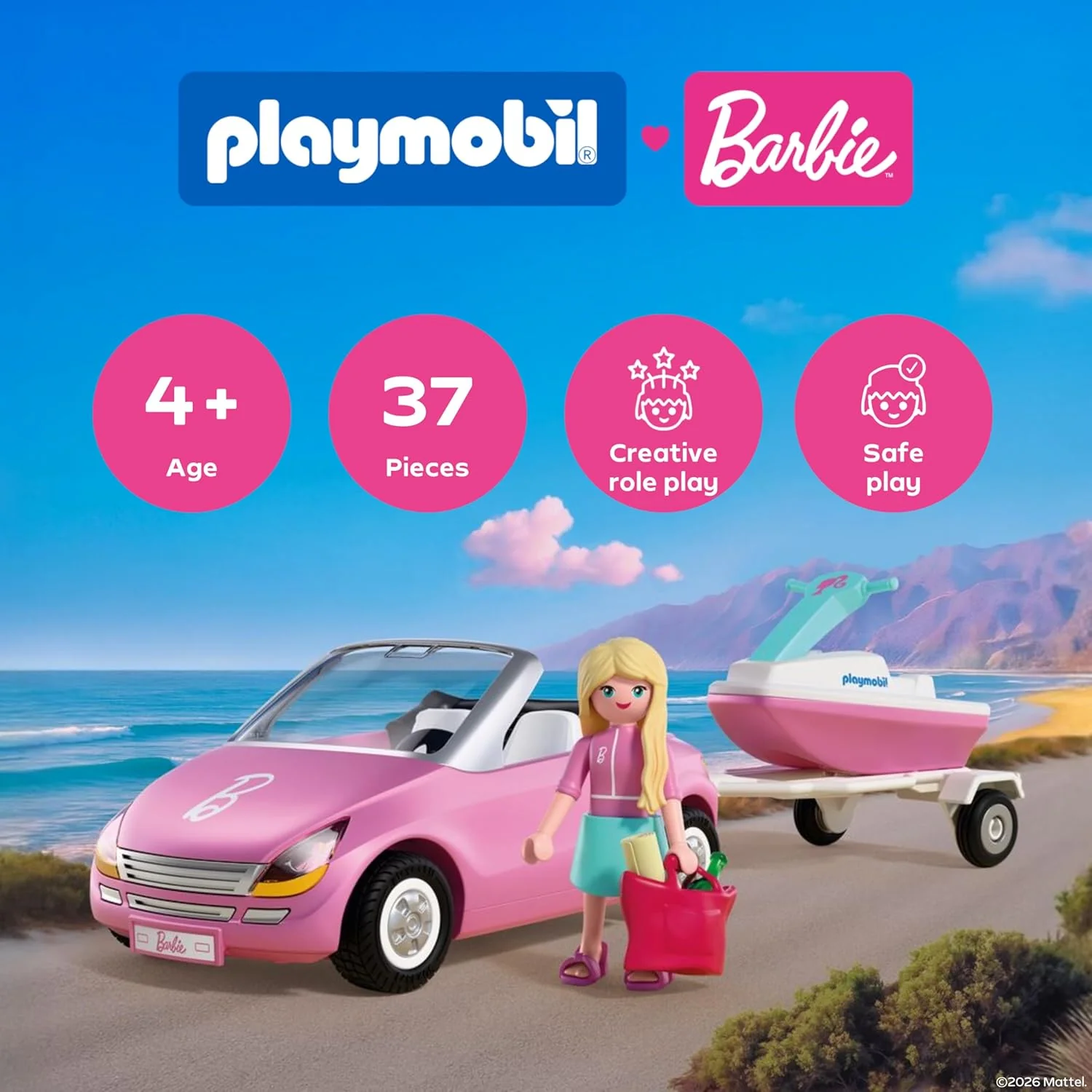 PLAYMOBIL Barbie Cabrio 72123 Cabrio met aanhanger en jetski, zomeravonturen met Barbie aan de kust van Malibu, voertuig- en waterplezier, creatieve speelset voor kinderen vanaf 4 jaar - Image 4