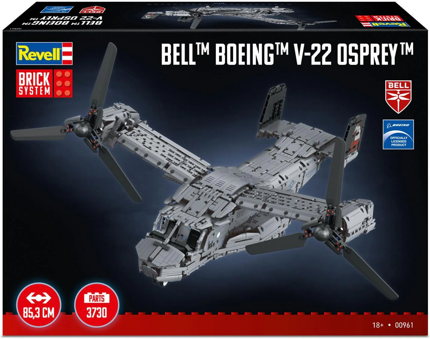 Revell Brick System 00961 Bell Boeing V-22 Osprey - Brick Model Kit - 1:25 Scale Unbuilt, 85.3cm in width, 3,730 Pieces, Includes Display Stand and Stickers For Decoration - Image 3