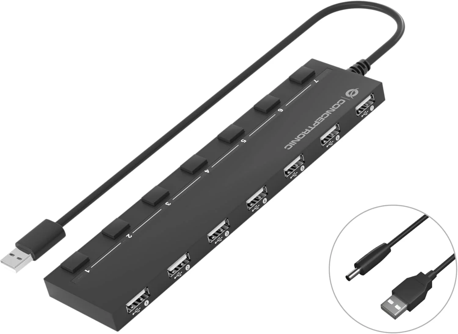 Conceptronic HUBBIES08B USB Hub 7-Port 2.0/7 x 2.0 / Extra without Power Supply/Black - Image 2
