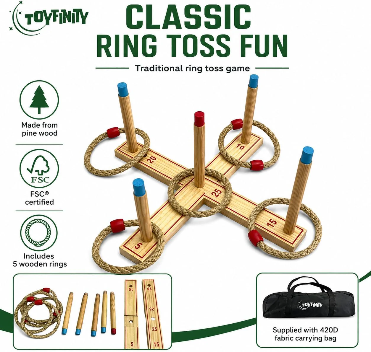 Wooden Ring Toss Game, FSC Pine Wood Garden Game Set with 5 Rings and Carry Bag, Outdoor Family Party Play - Image 3