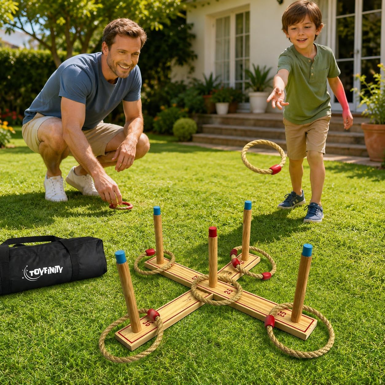 Wooden Ring Toss Game, FSC Pine Wood Garden Game Set with 5 Rings and Carry Bag, Outdoor Family Party Play - Image 4