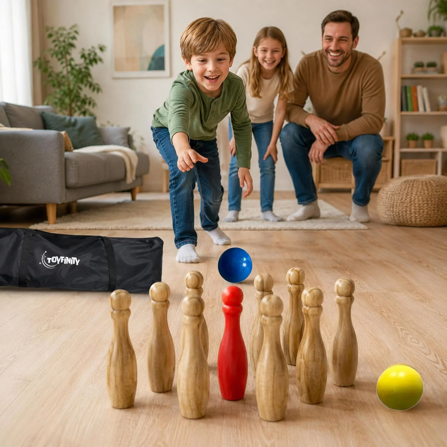 Wooden Bowling Set, FSC Wood Skittles Game with 9 Pins, 2 Balls and Carry Bag, Indoor Outdoor Family Garden Fun for Parties and Playtime - Image 2