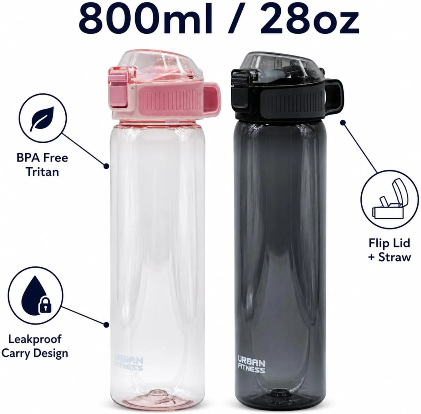 VitalFlip Water Bottle, 800ml BPA Free Tritan Sports Bottle with Flip Lid, Straw, Leakproof Carry Handle for Gym, Travel and Everyday Hydration - Image 6