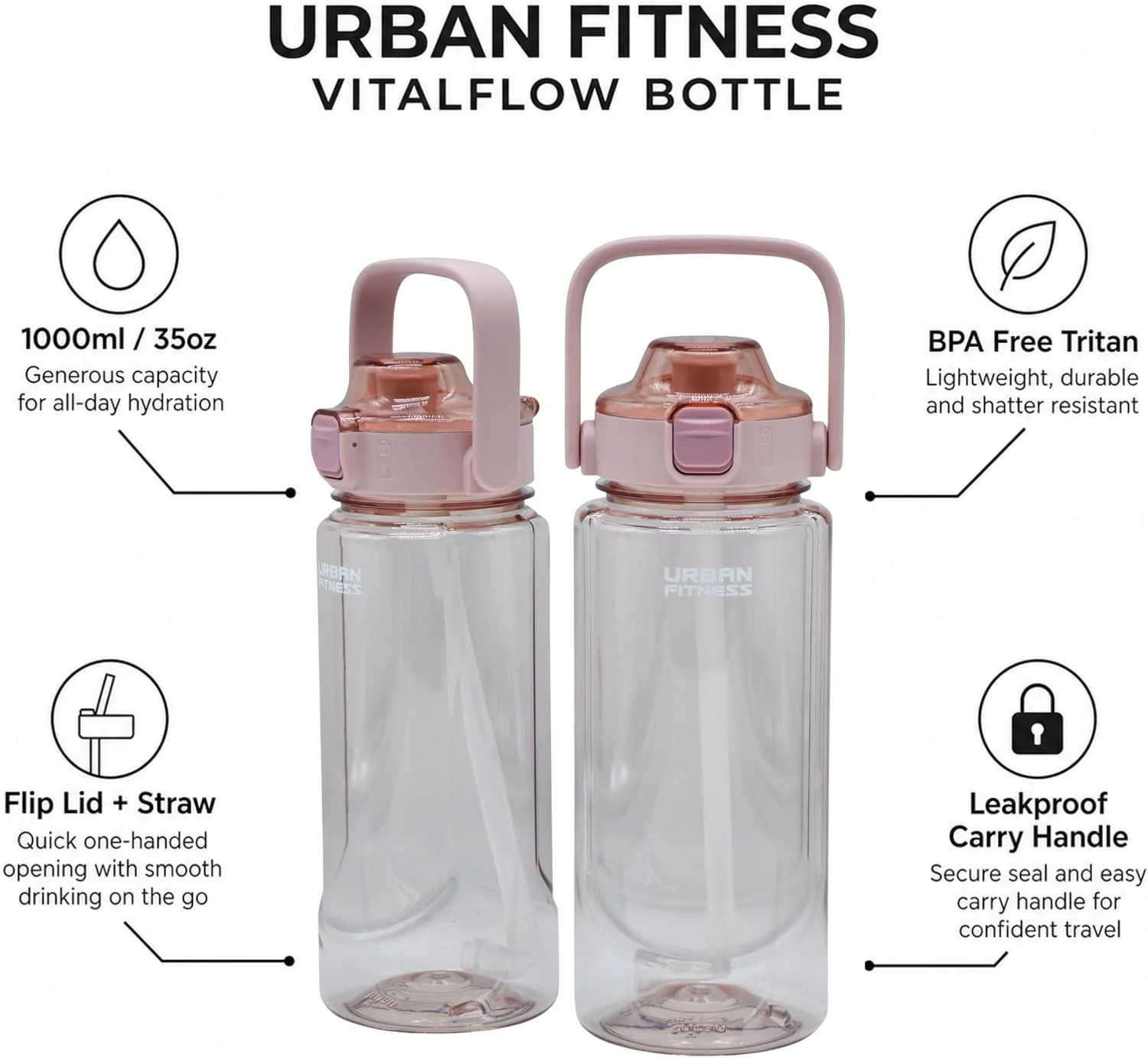 VitalFlow Water Bottle, 1000ml BPA Free Tritan Reusable Sports Bottle with Straw, Leakproof Flip Lid and Carry Handle for Gym, Work and Travel - Image 4