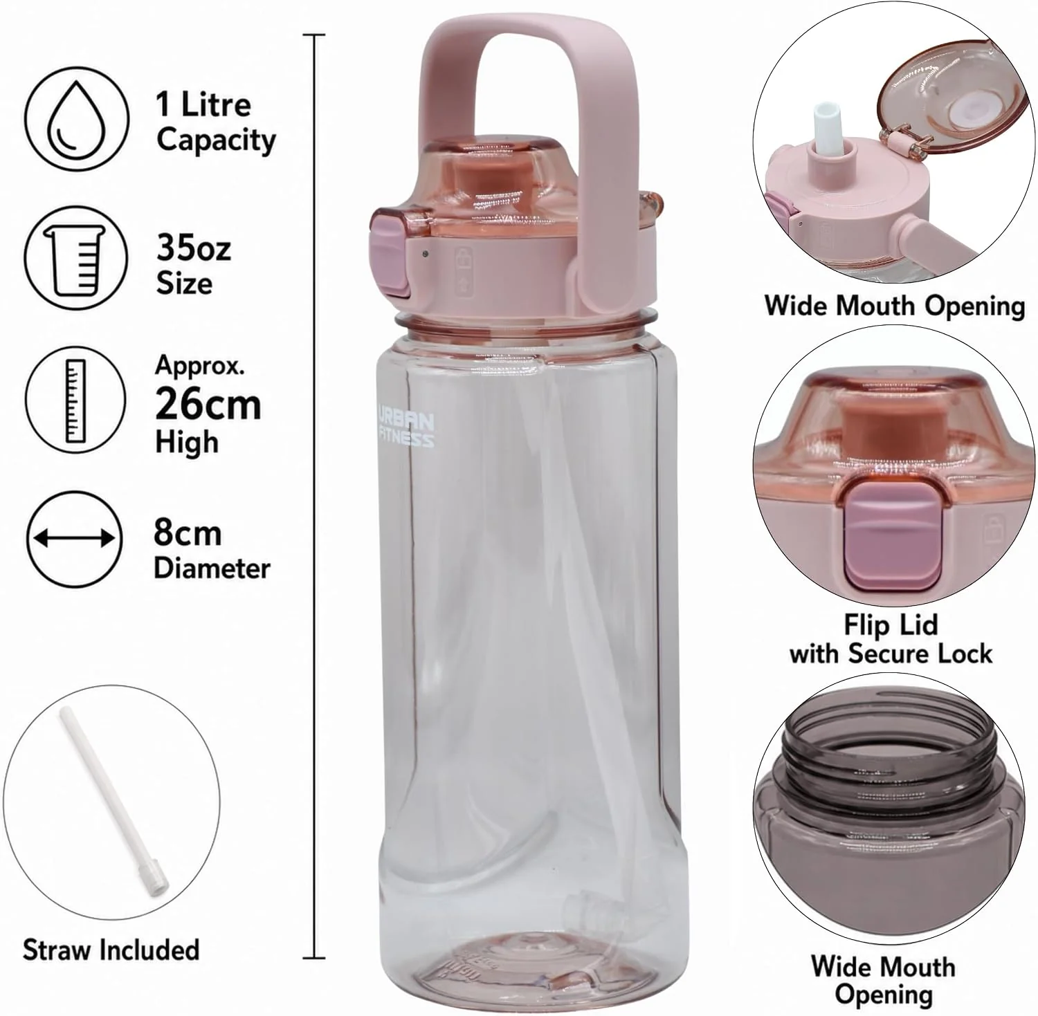 VitalFlow Water Bottle, 1000ml BPA Free Tritan Reusable Sports Bottle with Straw, Leakproof Flip Lid and Carry Handle for Gym, Work and Travel - Image 5