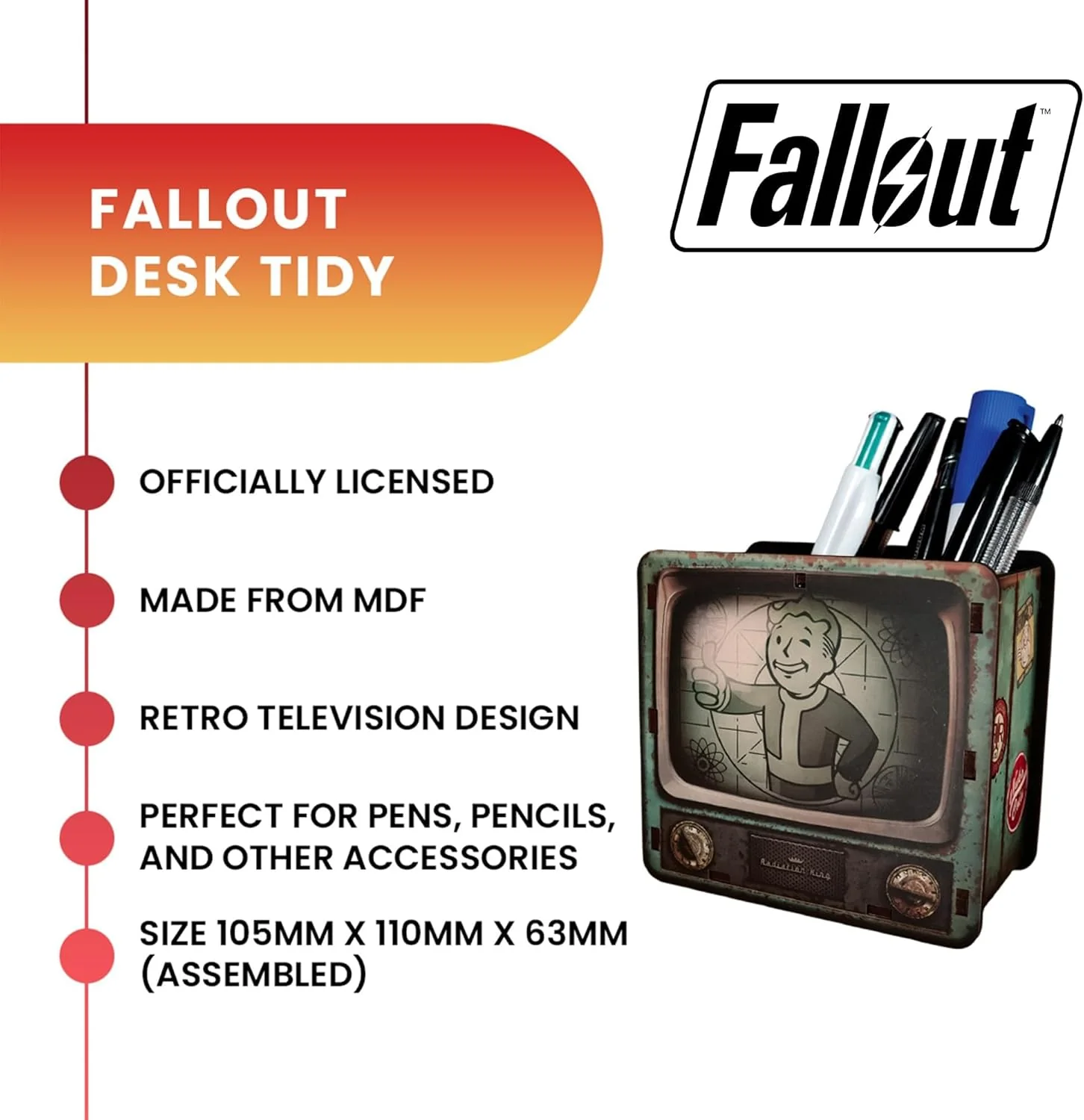 FaNaTtik Fallout Desk Tidy - Organizer da scrivania per TV con licenza ufficiale Vault‑Tec Retro con Vault Boy, portapenne e portapenne in MDF per giochi o ufficio - Image 4