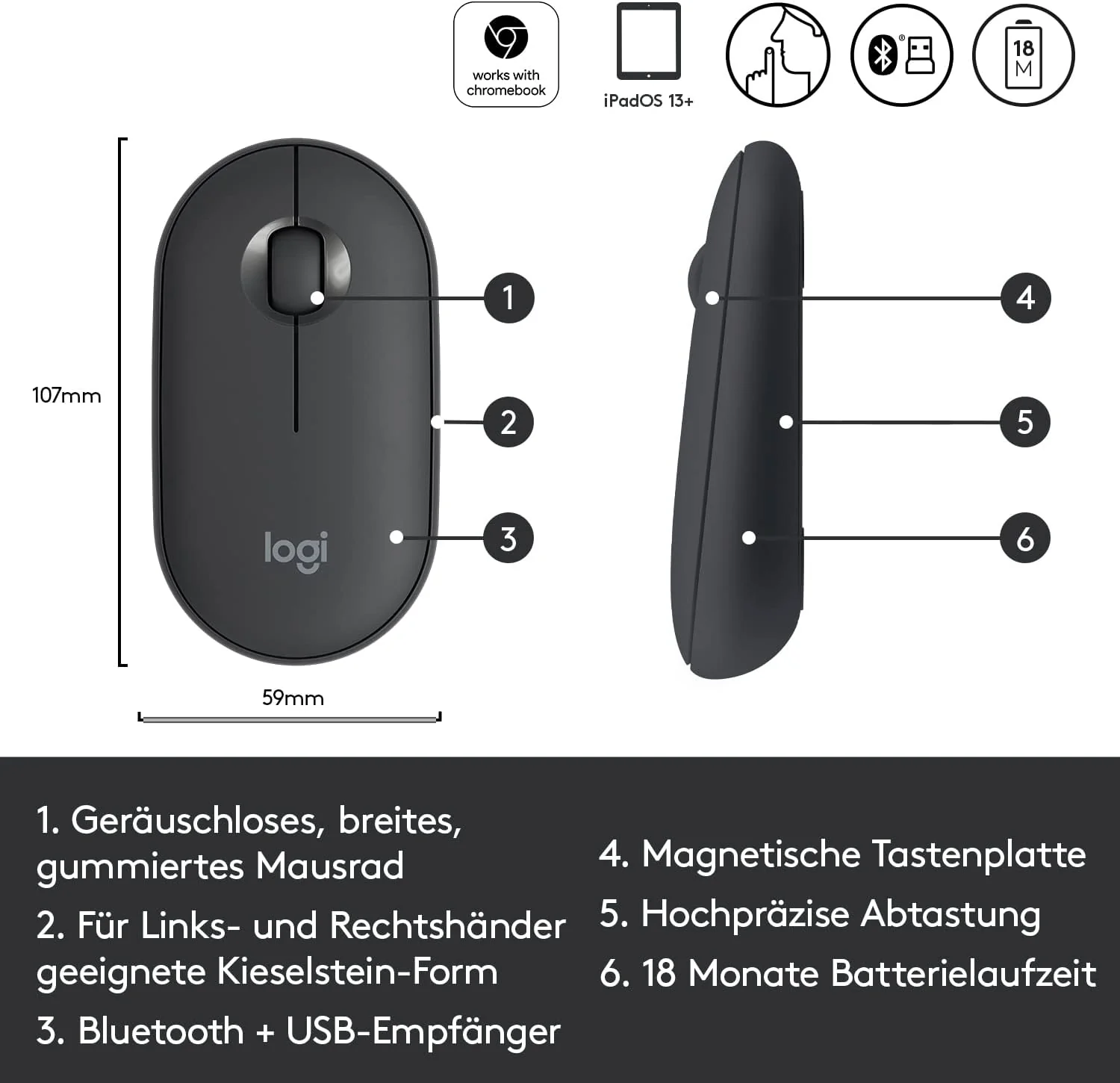 Logitech Pebble Wireless Mouse with Bluetooth or 2.4 GHz Receiver, Silent, Slim Computer Mouse with Quiet Clicks, for Laptop/Notebook/iPad/PC/Mac/Chromebook - Graphite/Black - Image 2