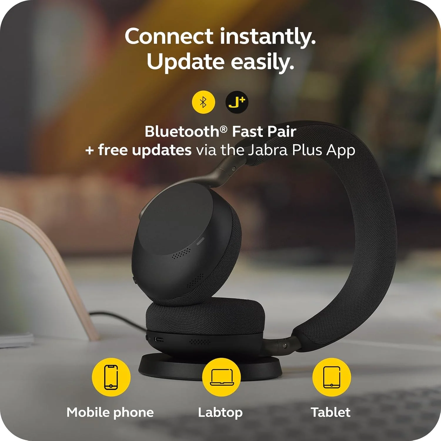 Jabra Evolve3 75 On-Ear Wireless Bluetooth Headset with Mic and Wireless Charging Stand for Work, USB-A, AI Voice Call Technology, Advanced ANC, 22-Hour Battery, Works with Online Meeting Apps, Black - Image 2