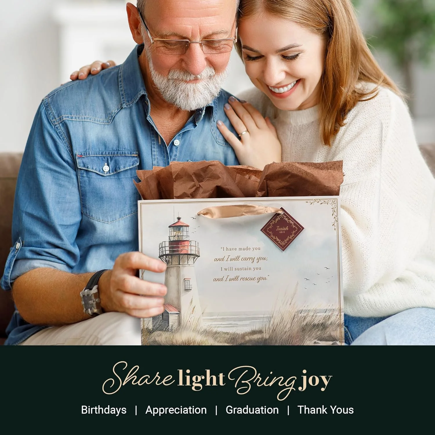 Christian Art Gifts Large Landscape Gift Bag & Tissue Set for Men & Women: I Will Carry You Inspirational Scripture, Scenic Lighthouse Multicolor, Satin Handles - Image 5