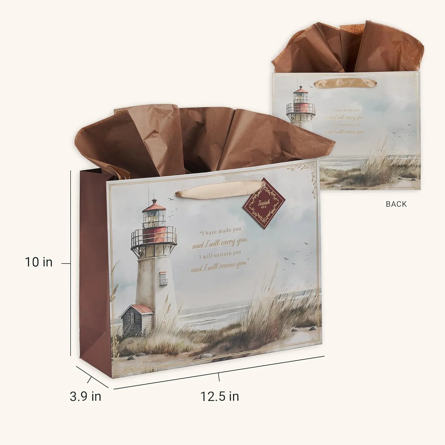 Christian Art Gifts Large Landscape Gift Bag & Tissue Set for Men & Women: I Will Carry You Inspirational Scripture, Scenic Lighthouse Multicolor, Satin Handles - Image 6