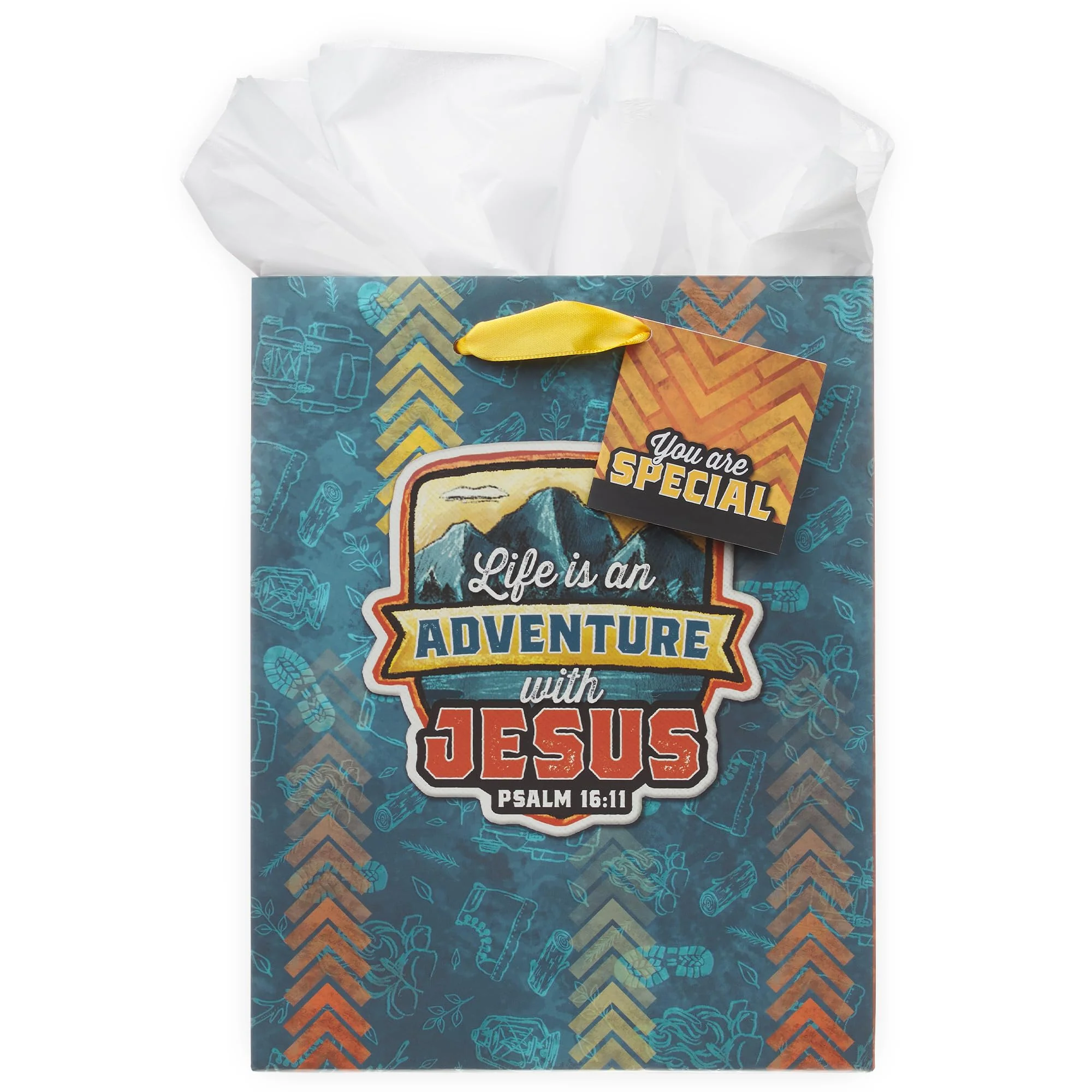 Christian Art Gifts Medium Portrait Inspirational Gift Bag, Tag & Wrapping Tissue Paper Set for Boys & Girls: Adventure with Jesus Encouraging Scripture, Satin Handles, Blue