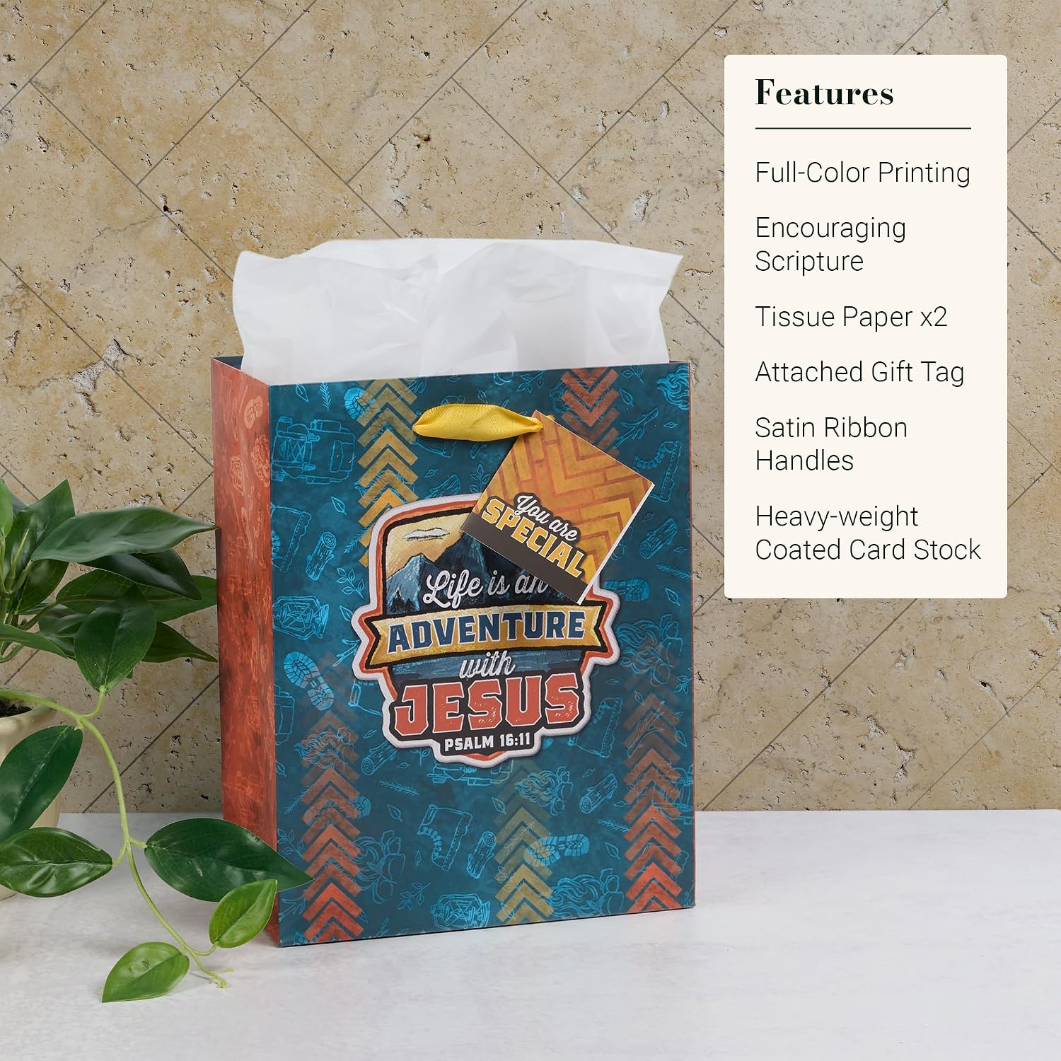 Christian Art Gifts Medium Portrait Inspirational Gift Bag, Tag & Wrapping Tissue Paper Set for Boys & Girls: Adventure with Jesus Encouraging Scripture, Satin Handles, Blue - Image 3
