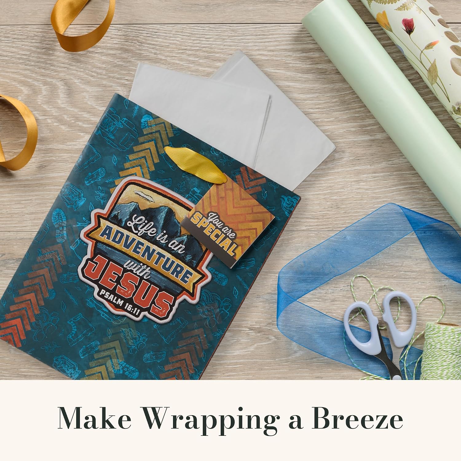 Christian Art Gifts Medium Portrait Inspirational Gift Bag, Tag & Wrapping Tissue Paper Set for Boys & Girls: Adventure with Jesus Encouraging Scripture, Satin Handles, Blue - Image 4
