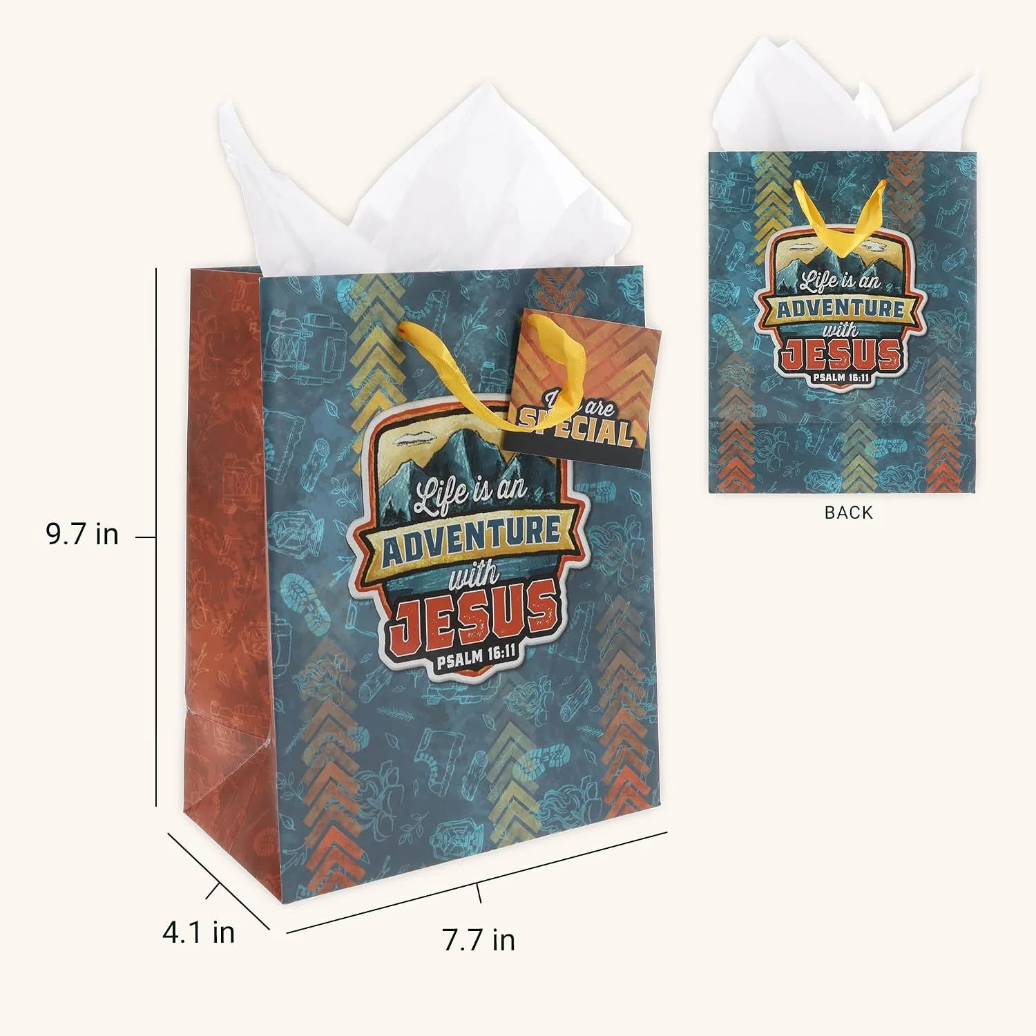 Christian Art Gifts Medium Portrait Inspirational Gift Bag, Tag & Wrapping Tissue Paper Set for Boys & Girls: Adventure with Jesus Encouraging Scripture, Satin Handles, Blue - Image 5