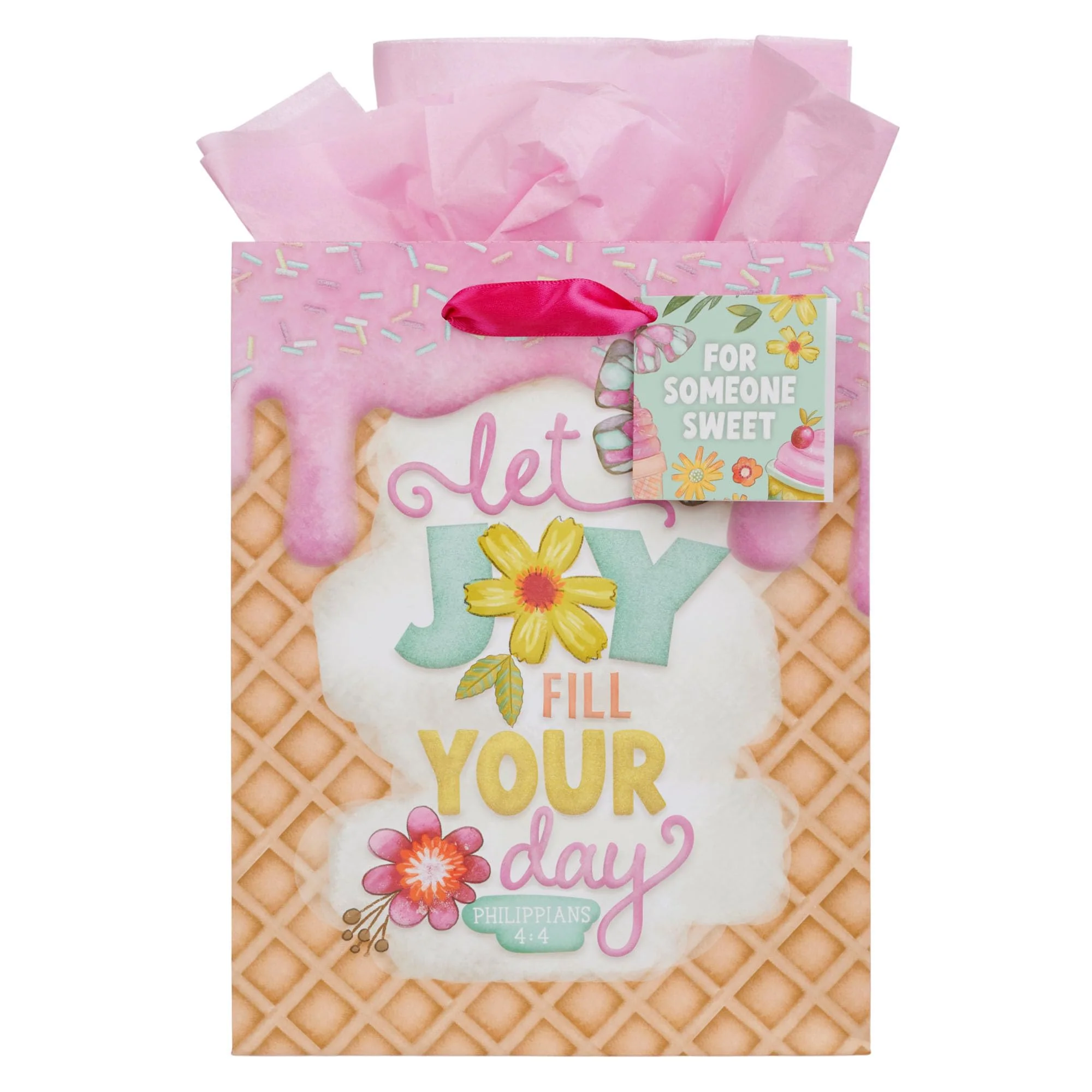 Christian Art Gifts Medium Portrait Inspirational Scripture Gift Bag, Tag & Wrapping Tissue Paper Set for Women: Let Joy Fill Your Day Encouraging Bible Verse, Satin Handles, Pink