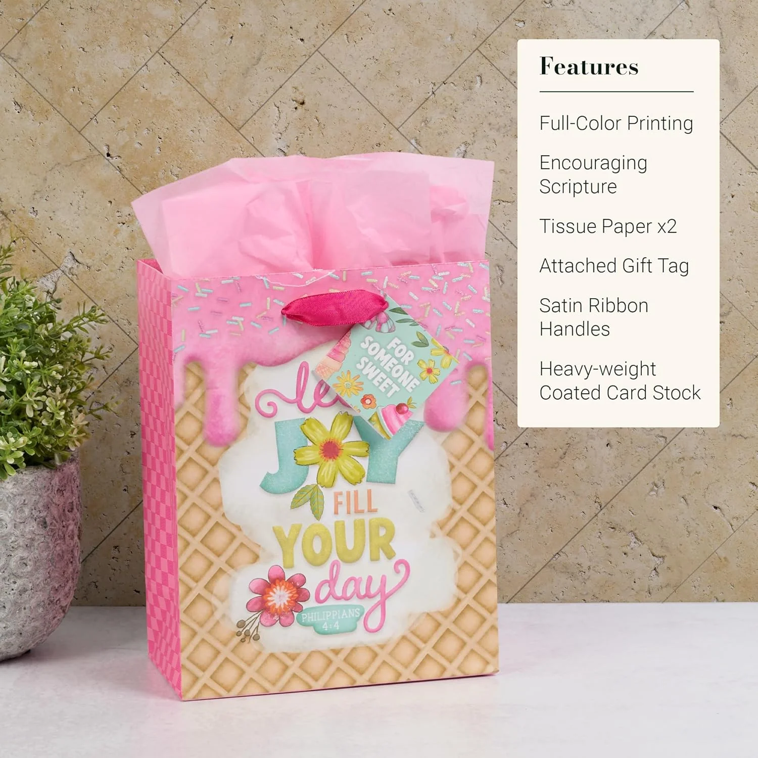 Christian Art Gifts Medium Portrait Inspirational Scripture Gift Bag, Tag & Wrapping Tissue Paper Set for Women: Let Joy Fill Your Day Encouraging Bible Verse, Satin Handles, Pink - Image 6