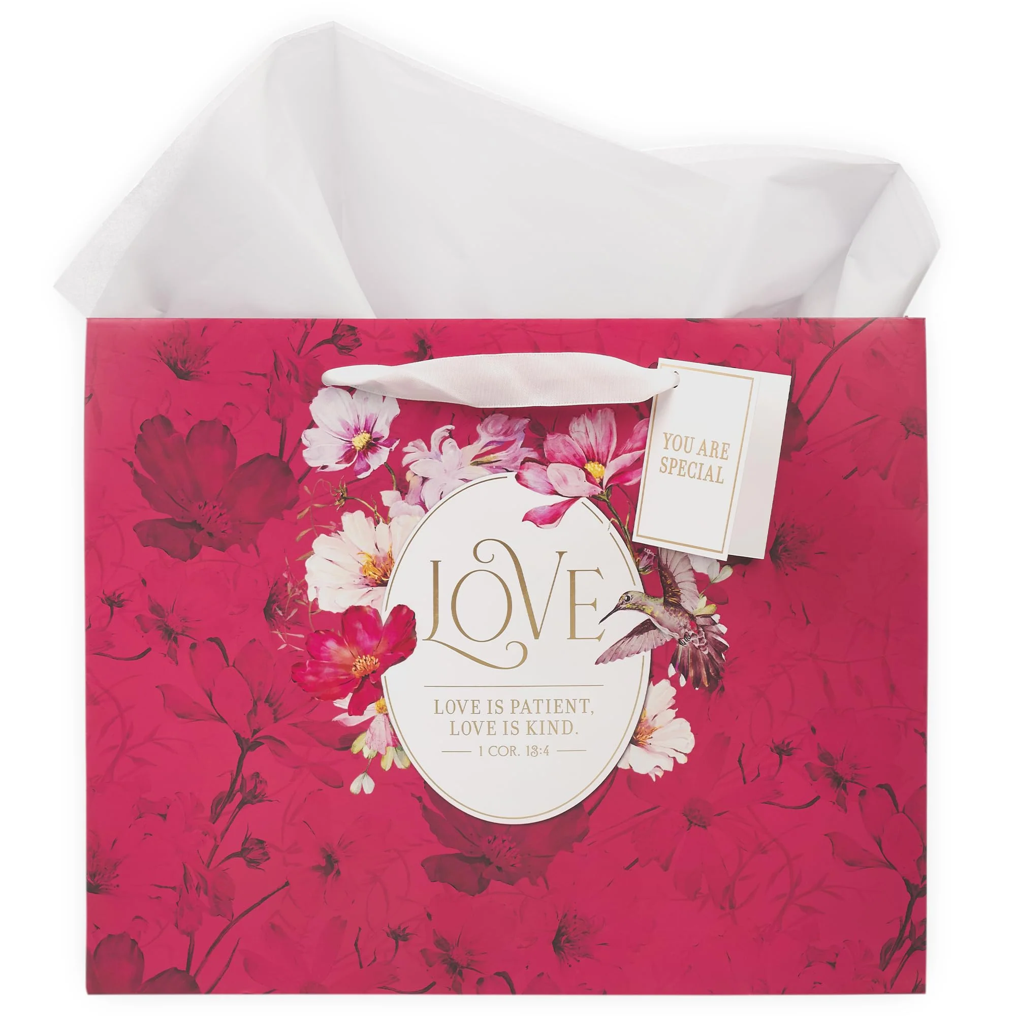 Christian Art Gifts Large Landscape Inspirational Scripture Gift Bag, Tag & Wrapping Tissue Paper Set for Women: Love Encouraging Bible Verse, Satin Handles, Red