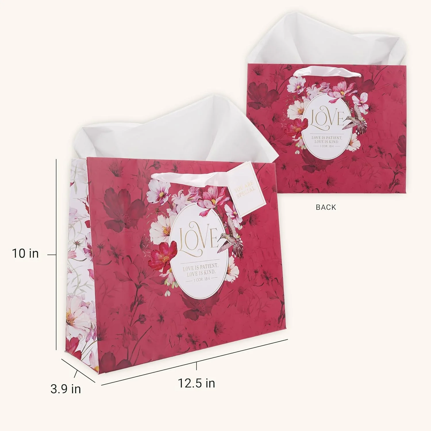 Christian Art Gifts Large Landscape Inspirational Scripture Gift Bag, Tag & Wrapping Tissue Paper Set for Women: Love Encouraging Bible Verse, Satin Handles, Red - Image 2