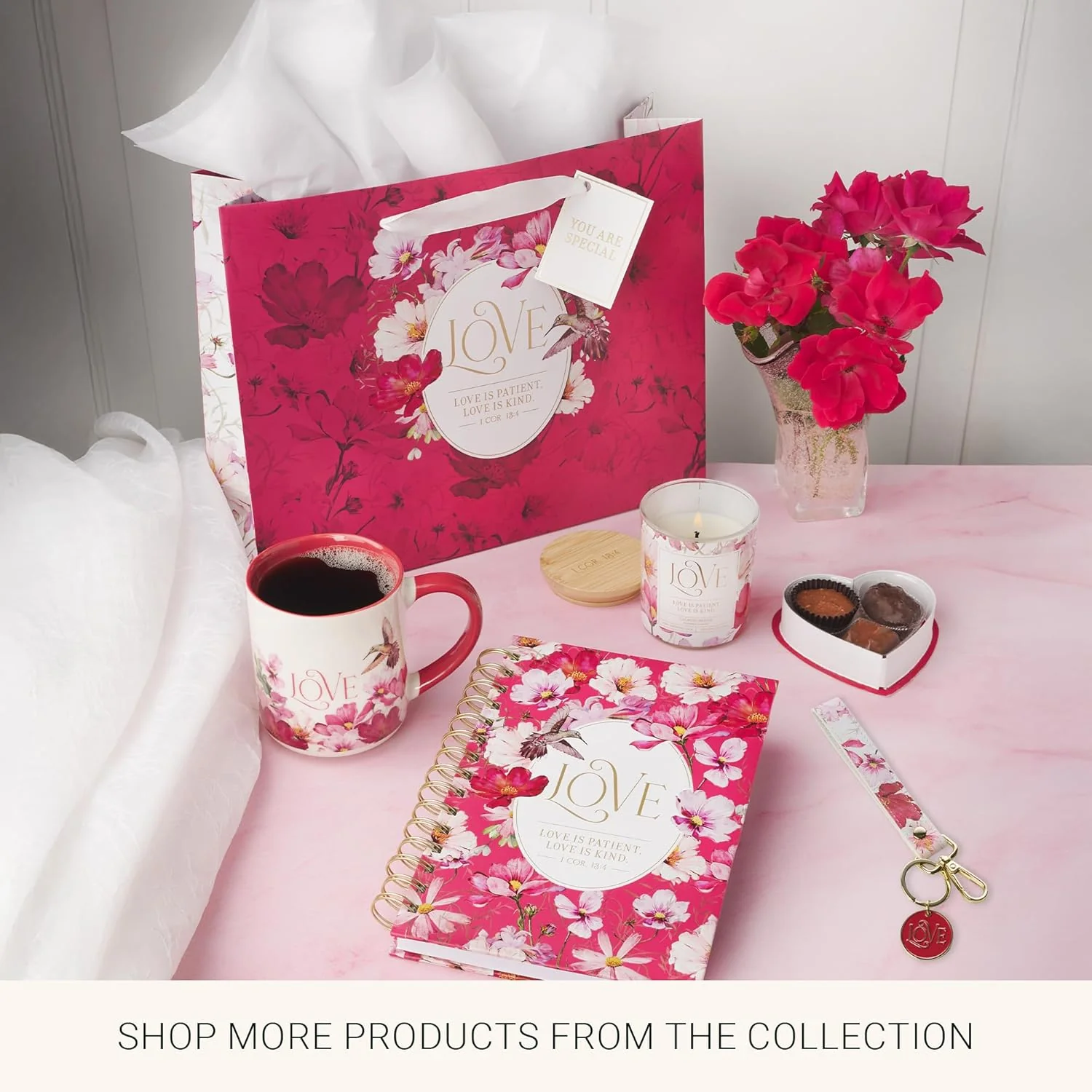 Christian Art Gifts Large Landscape Inspirational Scripture Gift Bag, Tag & Wrapping Tissue Paper Set for Women: Love Encouraging Bible Verse, Satin Handles, Red - Image 3