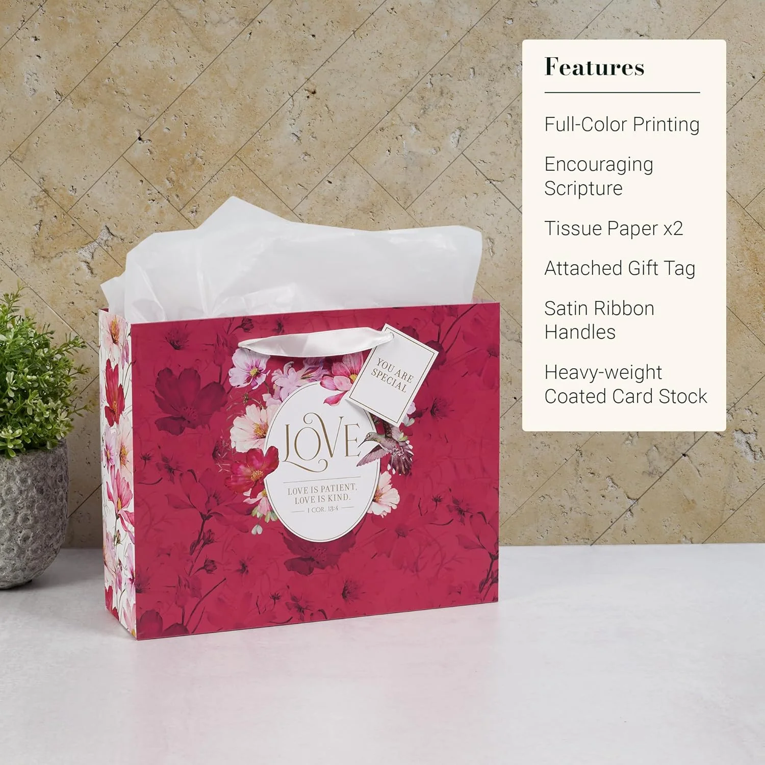 Christian Art Gifts Large Landscape Inspirational Scripture Gift Bag, Tag & Wrapping Tissue Paper Set for Women: Love Encouraging Bible Verse, Satin Handles, Red - Image 5