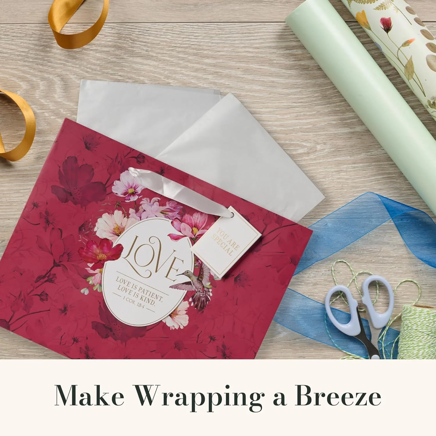 Christian Art Gifts Large Landscape Inspirational Scripture Gift Bag, Tag & Wrapping Tissue Paper Set for Women: Love Encouraging Bible Verse, Satin Handles, Red - Image 7