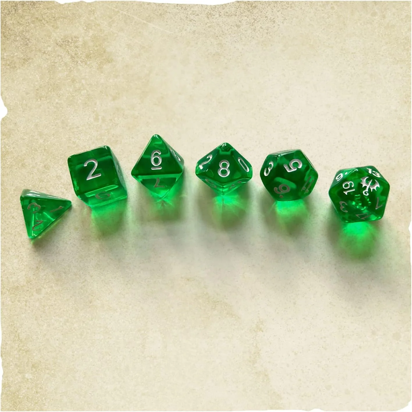 Dragonbane: Dice Set - 6 Piece Green Transparent Dice Set, Free League Publishing, Includes D4, D6, D8, D10, D12 & D20 - Image 3