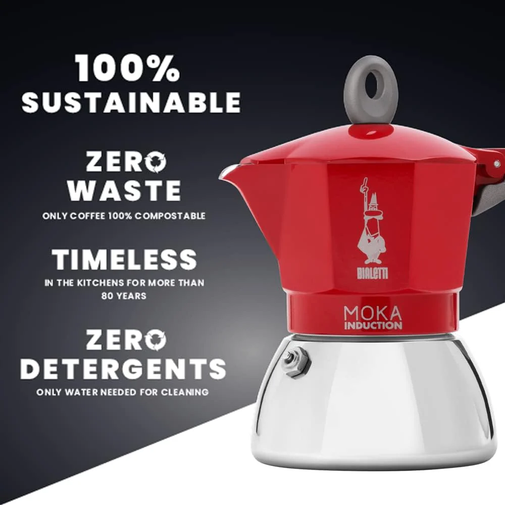 Bialetti New Moka Induction Induction Coffee Maker, 2 Cups, 100 milliliters, Aluminium, Red - Image 2