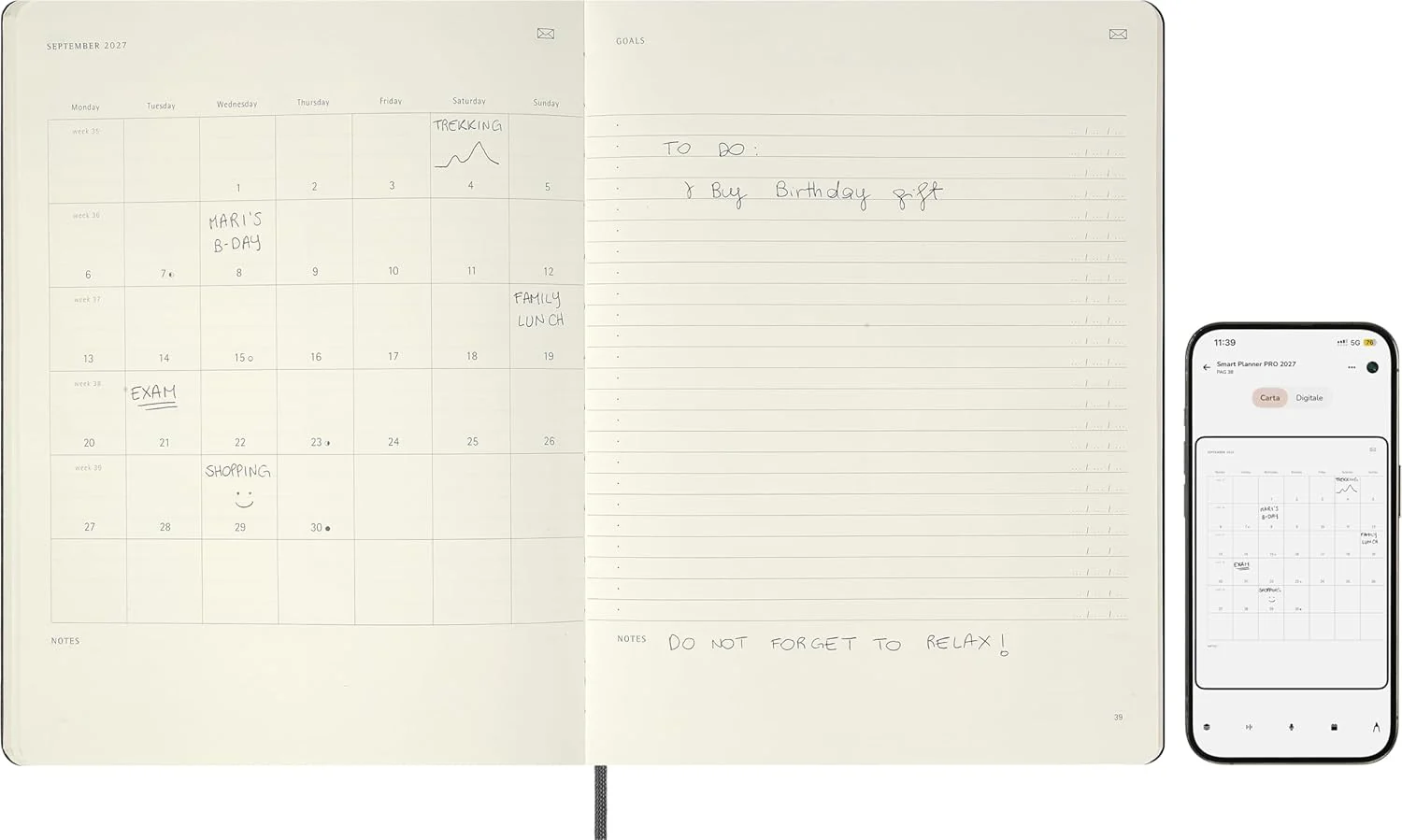 Moleskine Weekly Digital Planner 2027, Hard Cover 12 Month Vertical Smart PRO Planner with Elastic Closure, XL Size 19x25 Cm, Black - Image 3