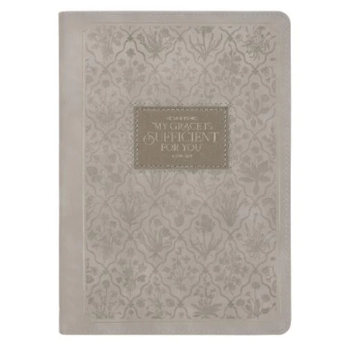 Christian Art Gifts Inspirational Zippered Journal, My Grace Is Sufficient for You Wide Ruled Notebook, 2 Cor. 12:9 Bible Verse, Taupe Vegan Leather, 336 Lined Pages W/Scripture, (9" X 6.4" X .9")