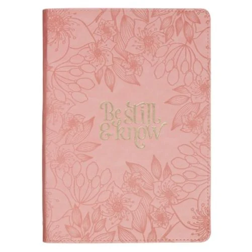 Christian Art Gifts Classic Journal Be Still & Know Ps. 46:10 Bible Verse, Inspirational Scripture Notebook, Ribbon Marker, Pink Vegan Leather Flexcover, 336 Ruled Pages, (8.6" X 6.1" X .9")