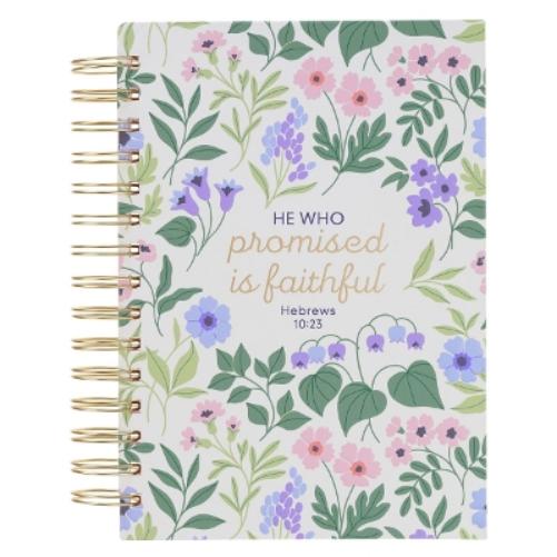 Christian Art Gifts Inspirational Journal, He Who Promised Wide Ruled Notebook, Hebrews 10:23 Bible Verse, White Floral, 192 Lined Pages W/Scripture, (8.4" X 6.4" X 1")
