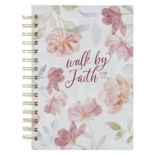 Christian Art Gifts Inspirational Journal, Walk by Faith Wide Ruled Notebook, 2 Corinthians 5:7 Bible Verse, Pink W/ White Florals, 192 Lined Pages W/Scripture, (8.4" X 6.4" X 1")